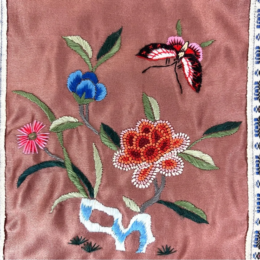 Vintage Chinese Silk Embroidered Floral Butterfly Panel